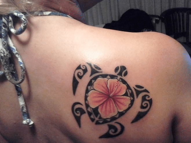 Hawaiian Flower Tribal Turtle Tattoo On Right Back Shoulder