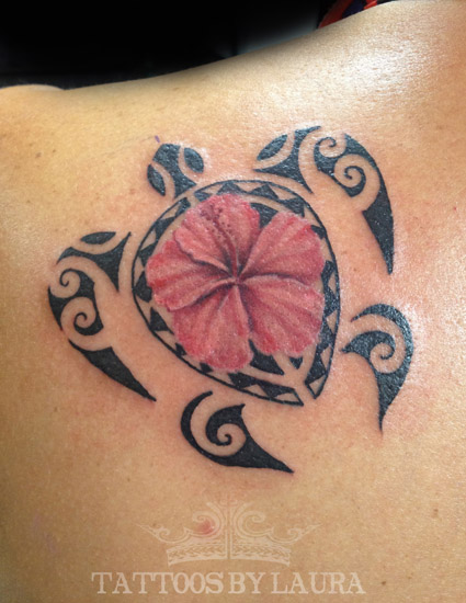 Hawaiian Flower and Turtle Tattoo On Left Back Shoulder