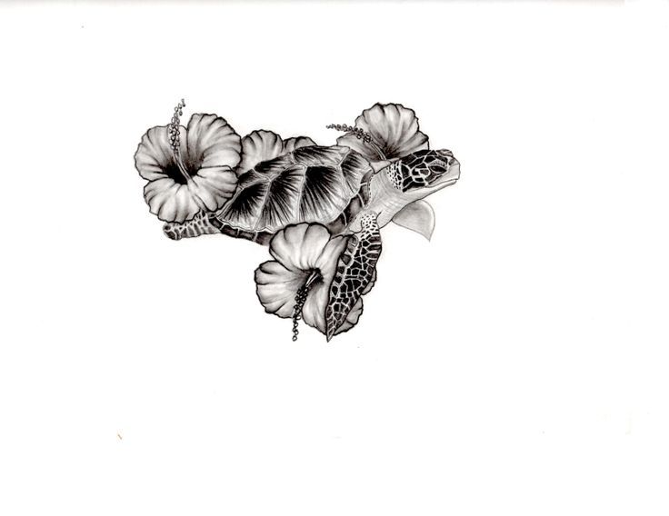 Hawaiian Flowers and Sea Turtle Tattoo Design