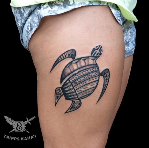 Hawaiian Tribal Sea Turtle Tattoo On Thigh