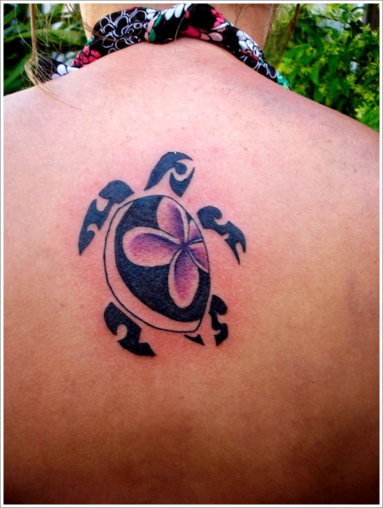 Hawaiian Turtle Tattoo On Girl Upper Back