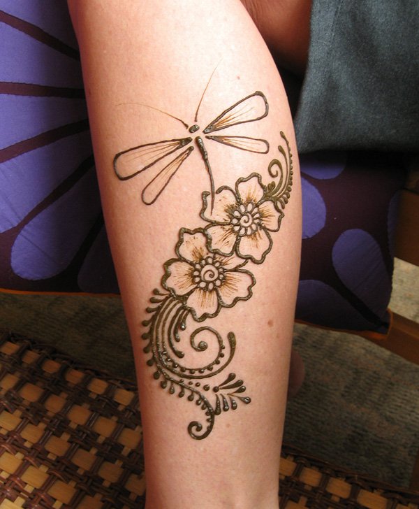 Henna Flowers And Dragonfly Tattoo On Side Leg