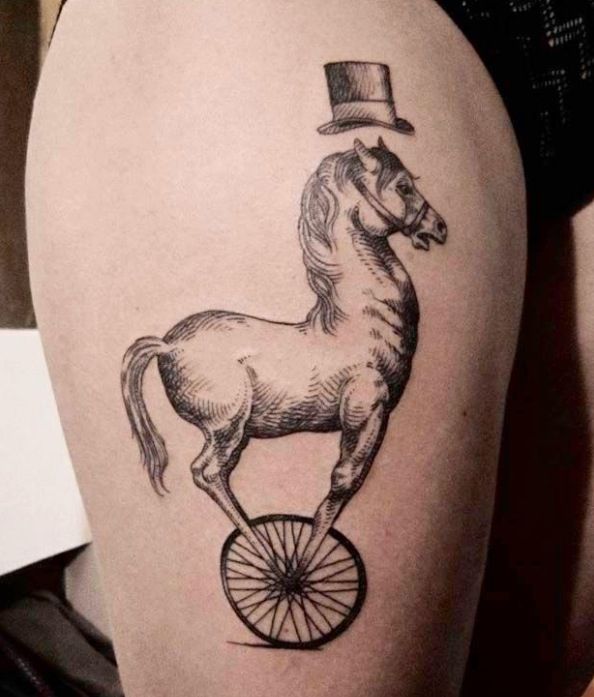 Hipster Horse Tattoo On Side Thigh