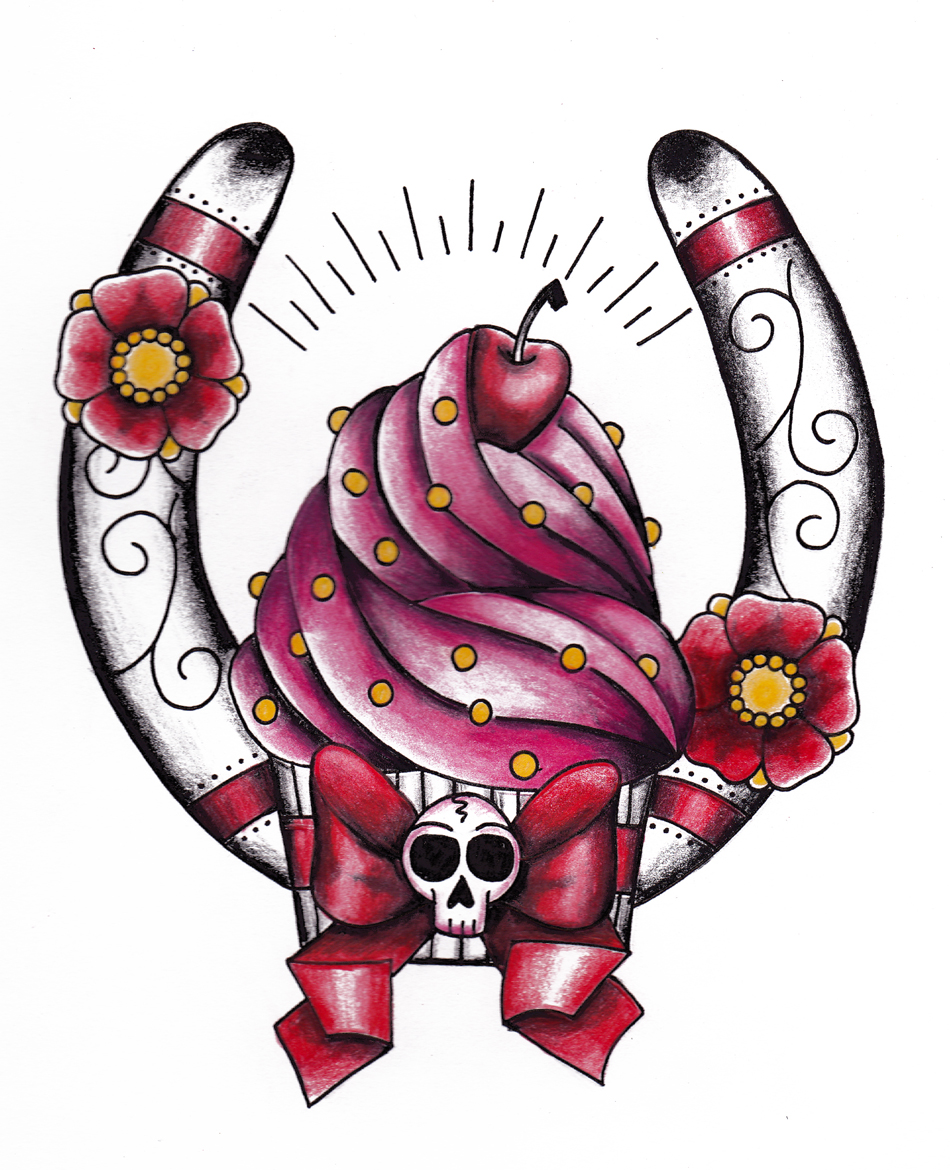 Hoeseshoe And Sugar Skull Cupcake Tattoo Design