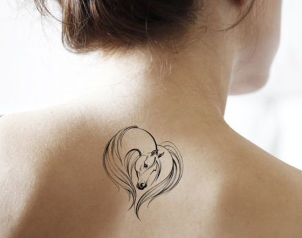 Horse Head Tattoo On Girl Upper Back