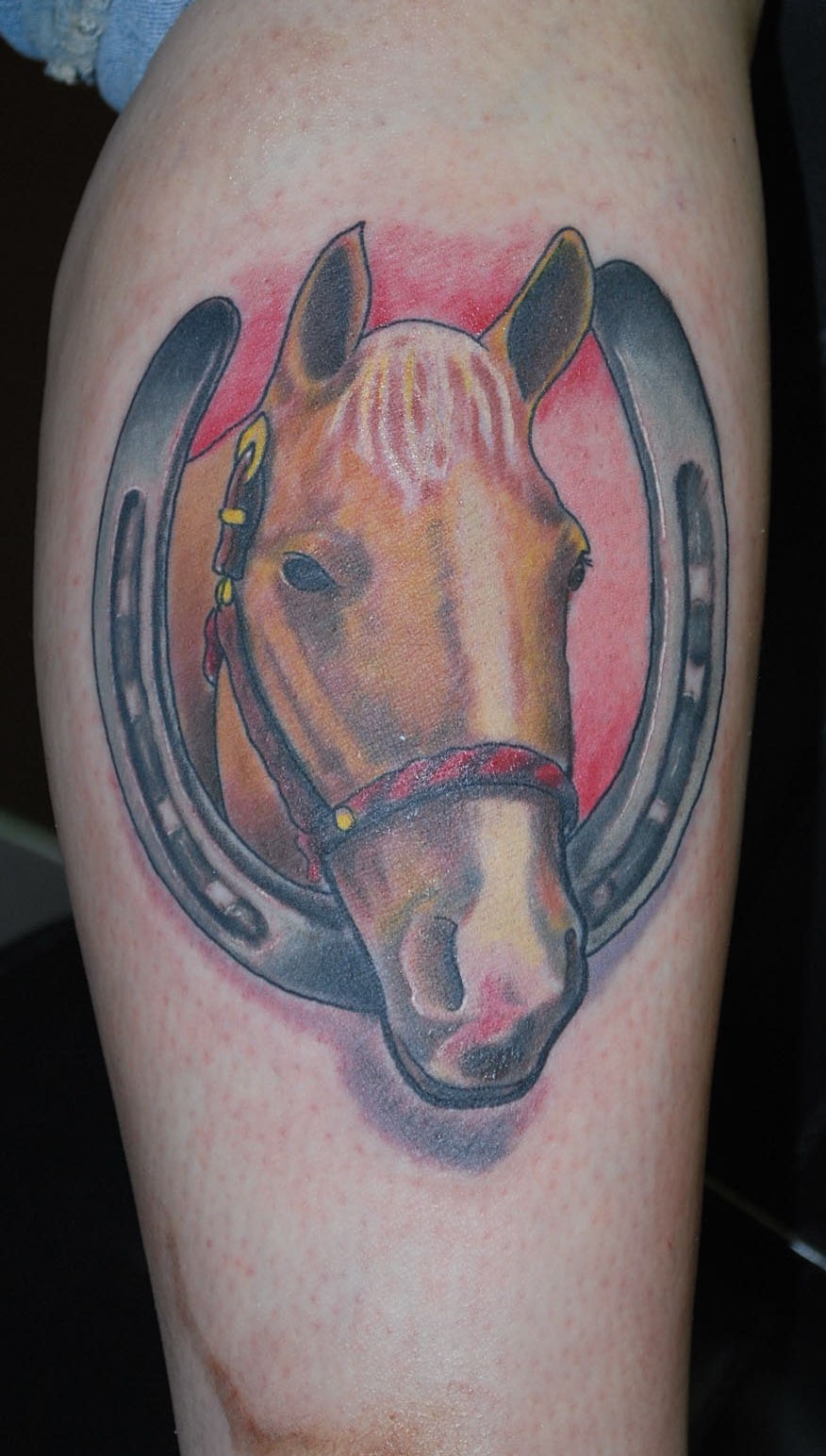 Horseshoe And Horse Head Tattoo On Leg