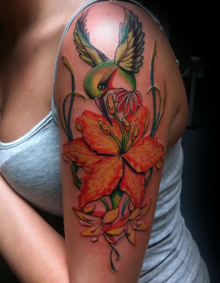 Hummingbird And Lily Tattoo On Left Shoulder