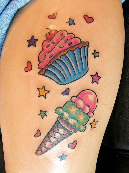 Ice Cream And Simple Cupcake Tattoo On Side Thigh