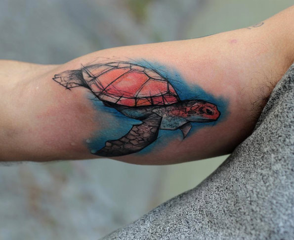 Inner Bicep Colorful Turtle Tattoo