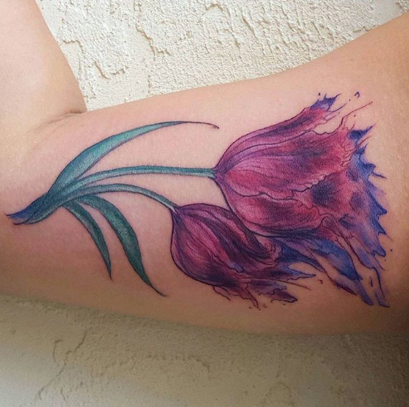 Inner Bicep Purple Tulip Flower Tattoo
