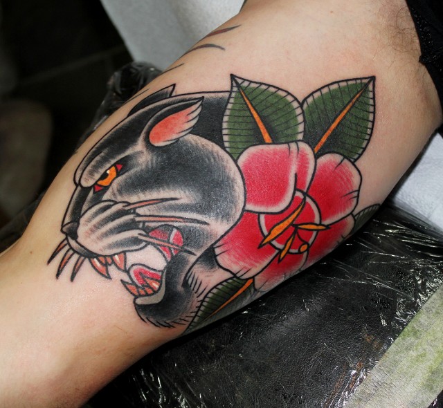 Inner Bicep Traditional Panther Tattoo