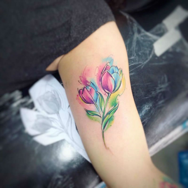 Inner Bicep Watercolor Tulip Flowers Tattoo