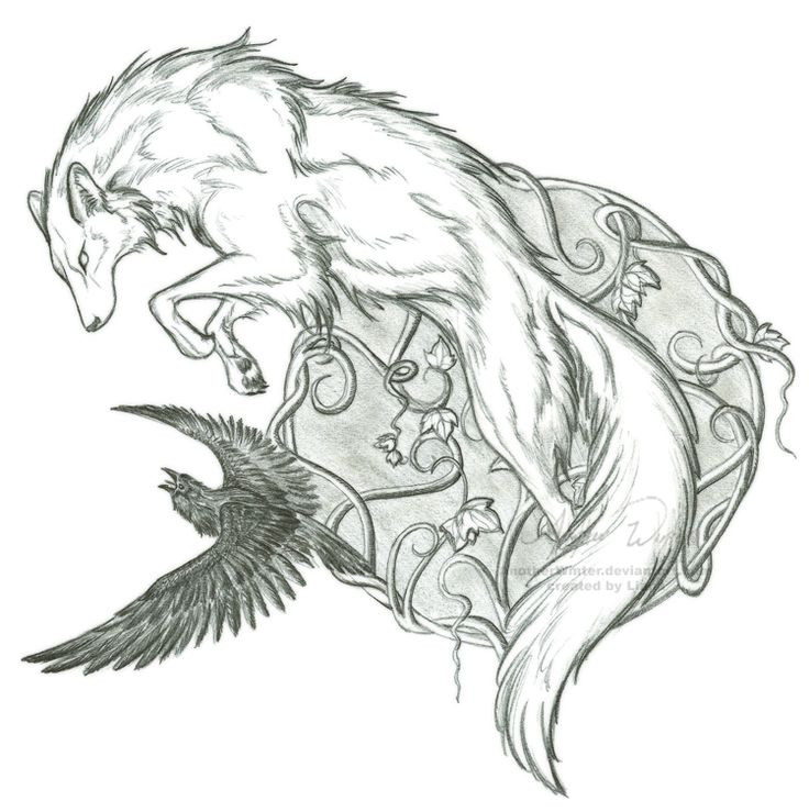 Jumping Wolf And Flying Raven Tattoo Design