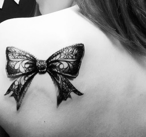 Lace Bow Tattoo On Girl Left Back Shoulder