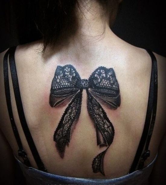 Lacew Bow Tattoo On Girl Upper Back