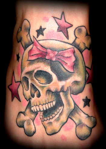 Laughing Skull With Pink Stars Tattoo Idea