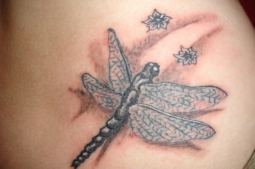Leaves And Dragonfly Tattoo On Front Shoulder