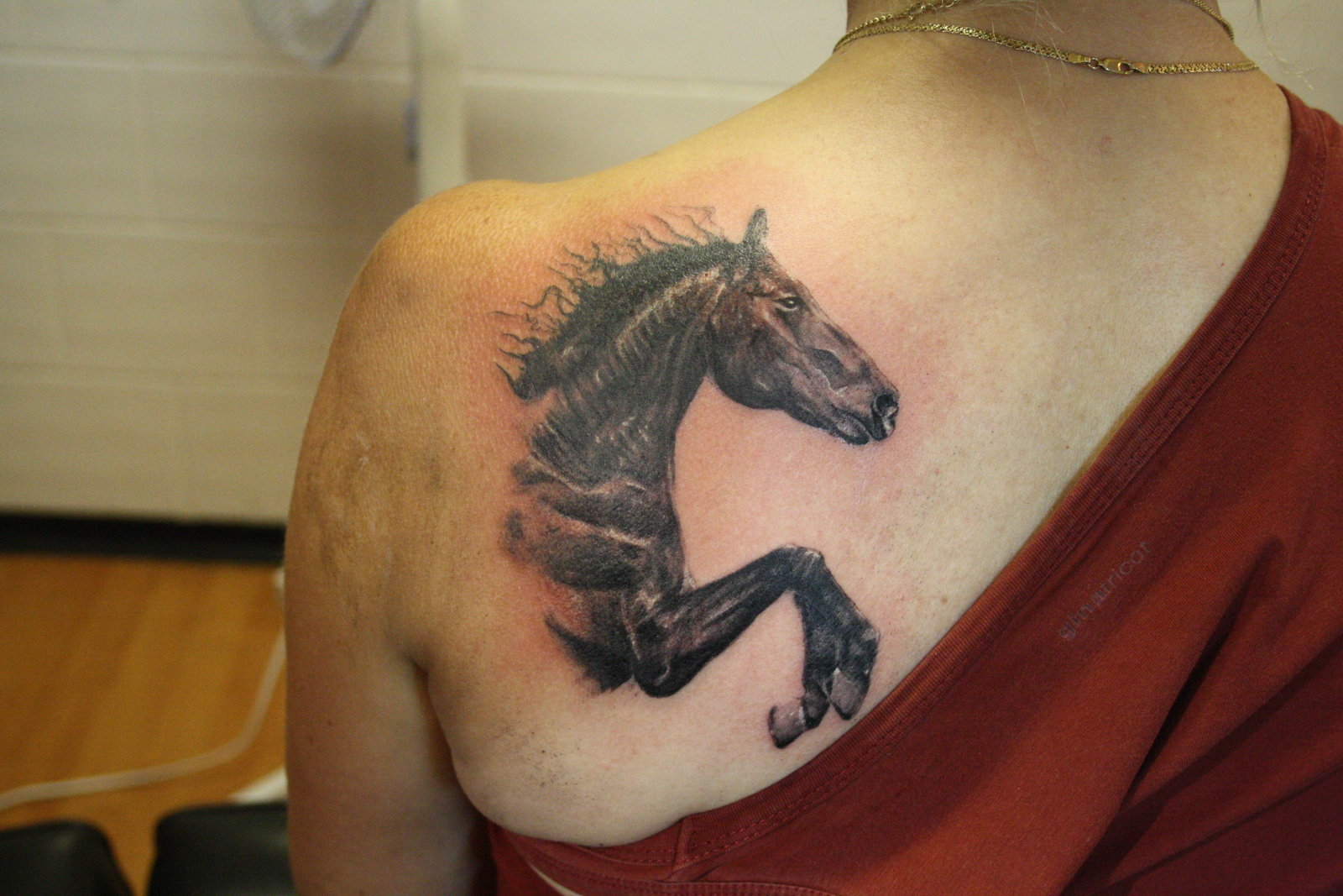 Left Back Shoulder 3D Horse Tattoo