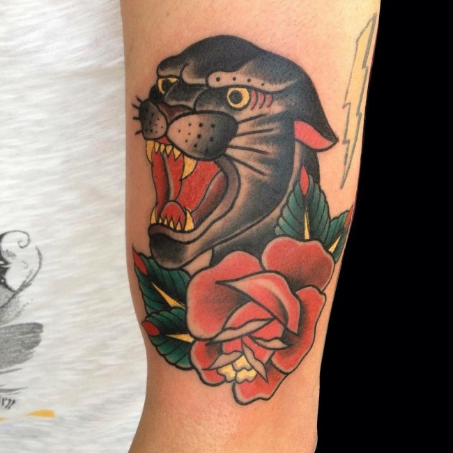 Left Half Sleeve Rose And Angry Traditional Panther Tattoo