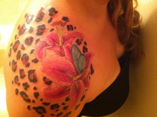 Leopard Print And Lily Flower Tattoo On Right Shoulder