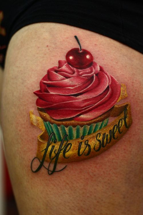 Life Is Sweet Banner Realistic Cupcake Tattoo On Side Thigh