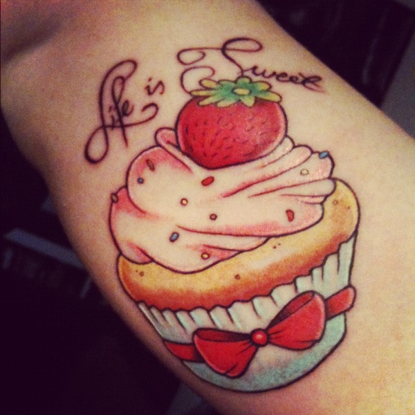 Life Is Sweet Cupcake Tattoo On Bicep