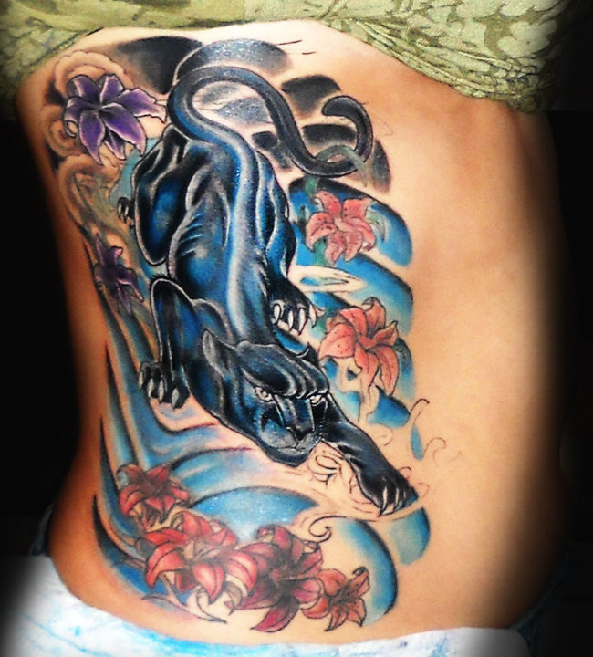 Lily Flowers And Panther Tattoo On Girl Side Rib