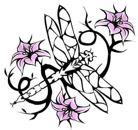 Lily Flowers And Tribal Dragonfly Tattoo Design