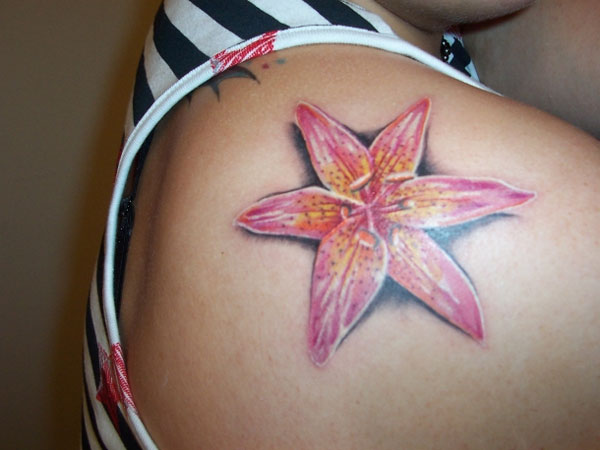Lily Pink Realistic Flower Tattoo On Back Shoulder