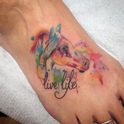 Live Life Watercolor Horse Head Tattoo On Foot