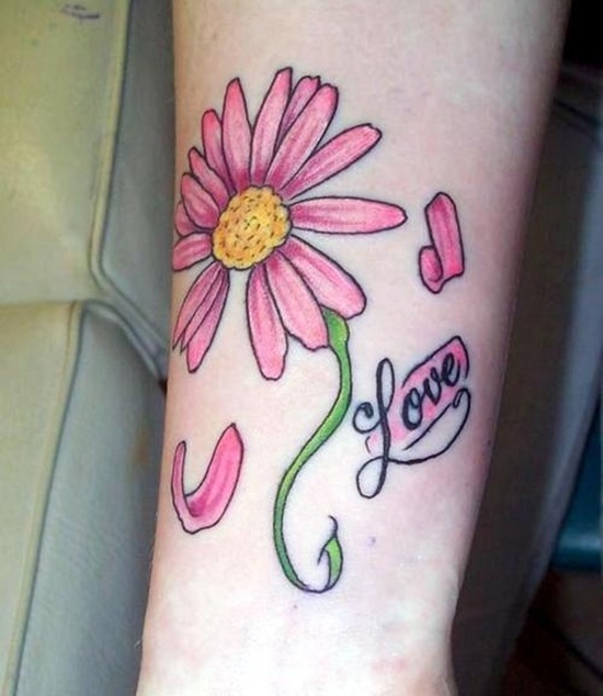 Love Pink Daisy Flower Tattoo On Arm