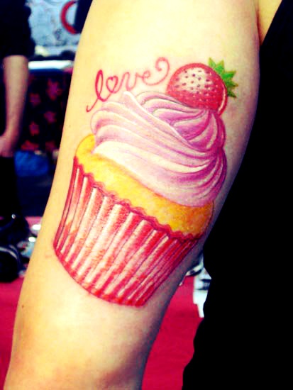 Love Realistic Cupcake Tattoo On Bicep
