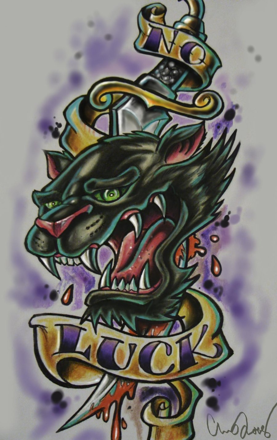 Luck Banner And Traditional Panther Tattoo Design
