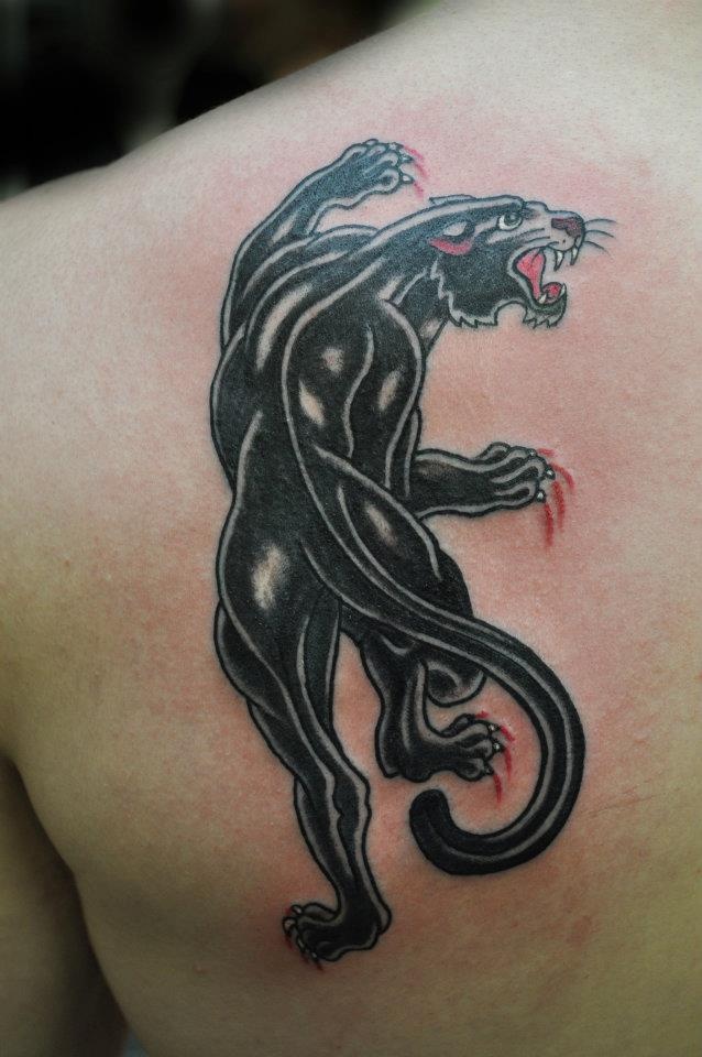 Man Left Back Shoulder Black Panther Tattoo