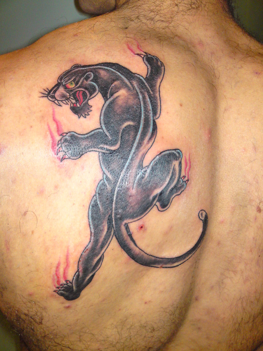 Man Left Back Shoulder Panther Tattoo
