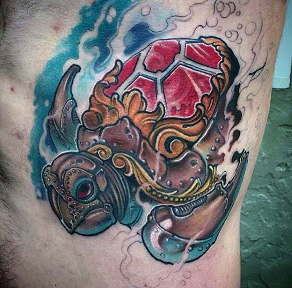 Man With Colored Turtle Tattoo On Side Rib