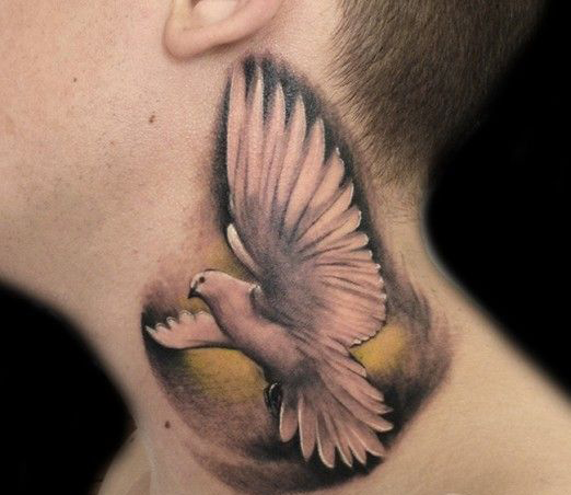 Man With Side Neck Flying Dove Tattoo