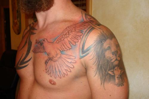 Man With flying Dove Tattoo On Man Chest