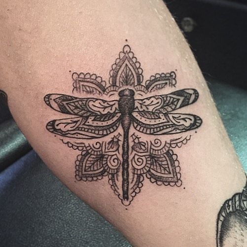 Mandala Flower And Dragonfly Tattoo On Leg