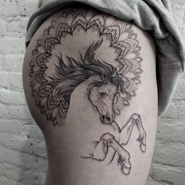 Mandala Flower And Horse Tattoo On Side Thigh