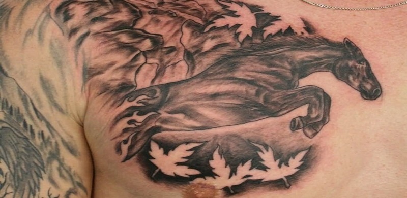 Maple Leave And Horse Tattoo On Man Chest