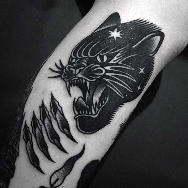 Masculine Mens Panther Paw Scratch And Head Tattoo On Leg