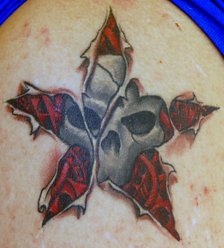 Mechanical Ripped Skin Skull and Star Tattoo On Shoulder