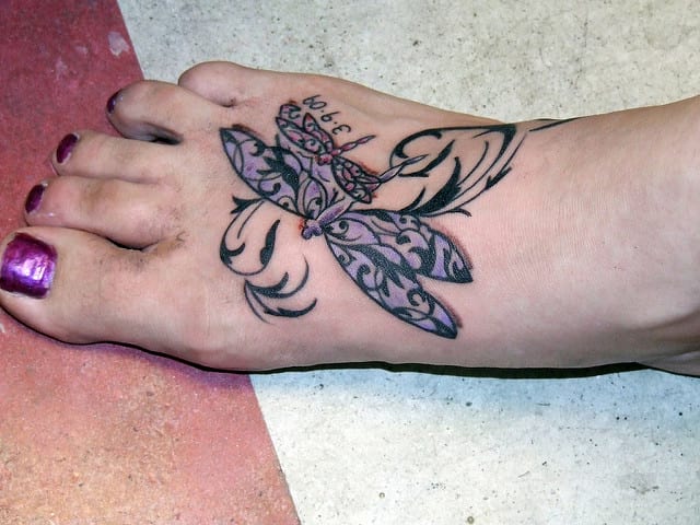 Memorial Dragonfly Tattoos On Right Foot