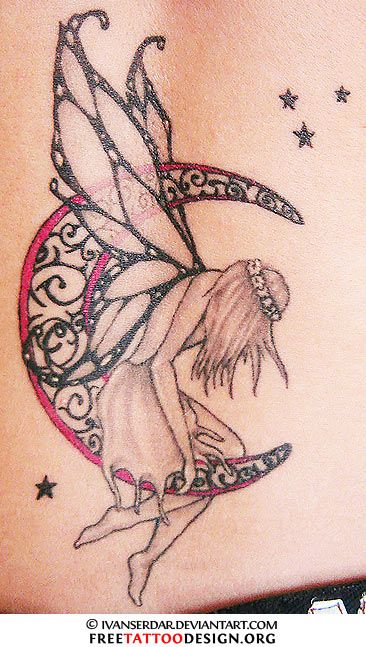 Moon And Fairy With Stars Tattoo On Back