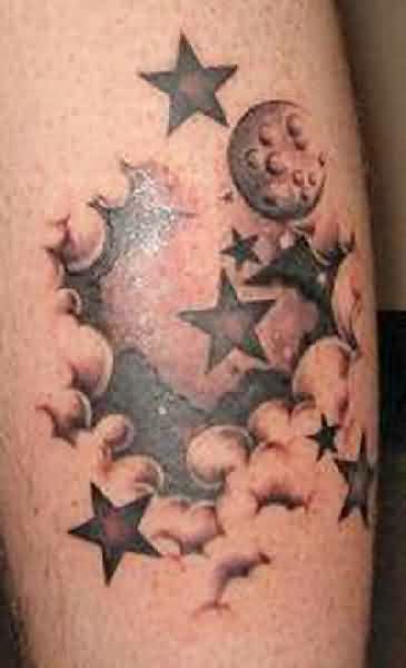 Moon With Stars and Clouds Tattoo On Leg