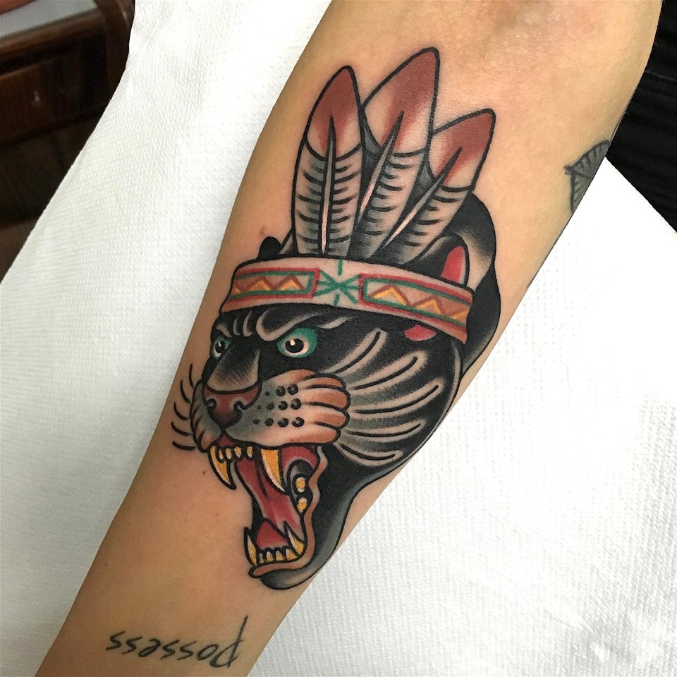 Native Panther Head Tattoo On Arm