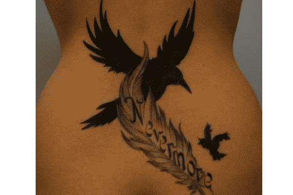 Nevermore Feather And Black Flying Raven Tattoo On Back