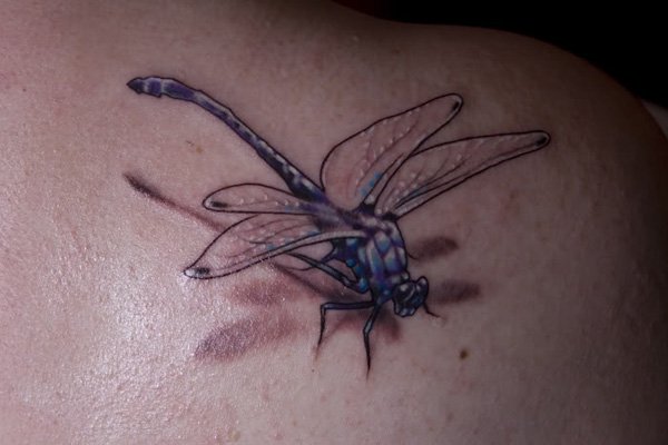 Nice 3D Dragonfly Tattoo on Right Back Shoulder