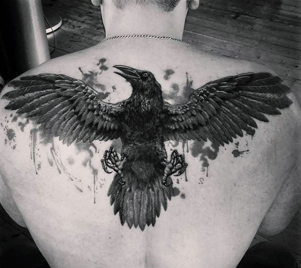 Nice Black Raven Tattoo On Man Upper Back